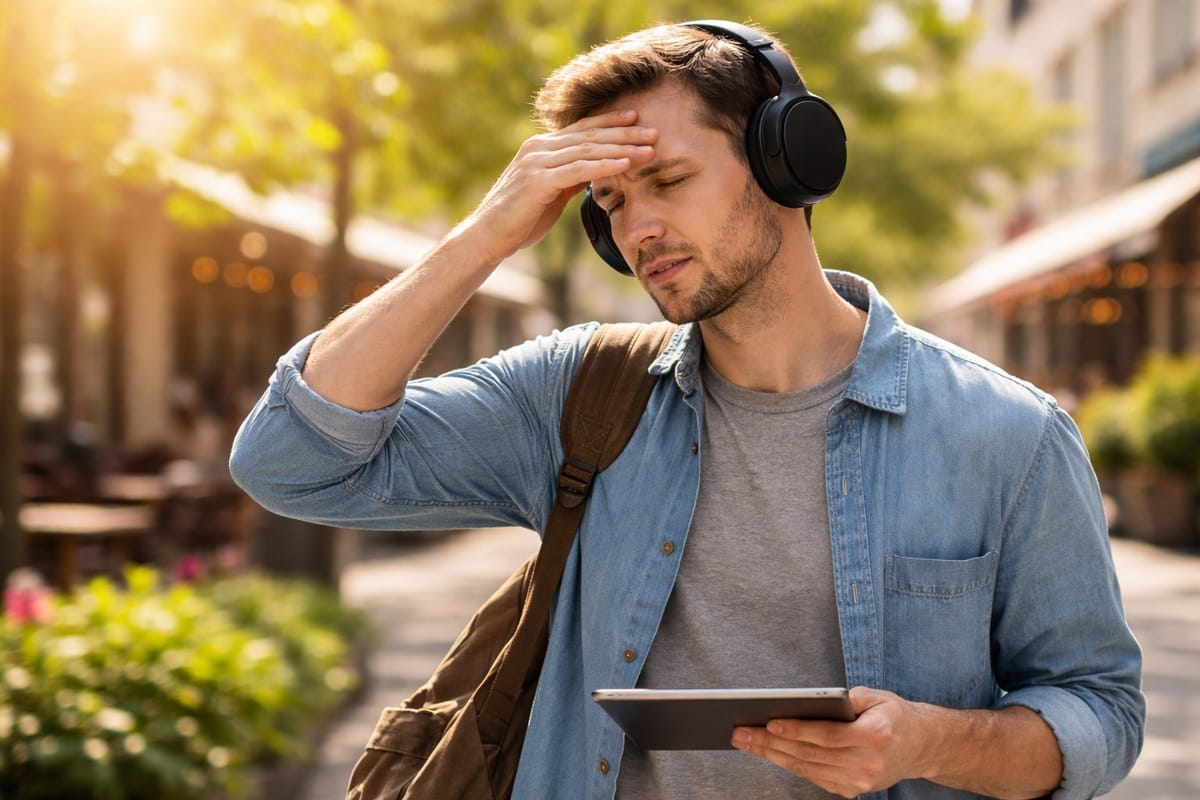 بزرگسال مبتلا به اوتیسم در فضای باز، با نشانه‌هایی از حساسیت به نور و تمرکز ذهنی