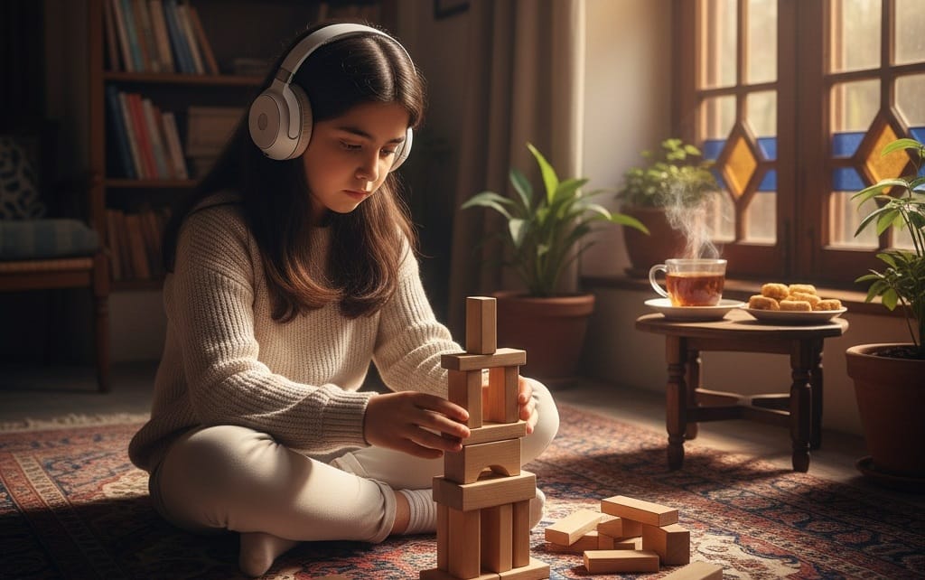 focused girl building wooden blocks