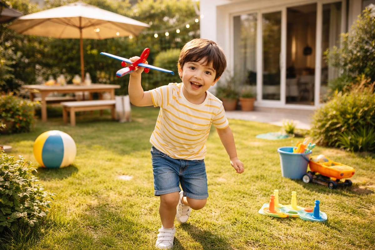 playful child running in garden with airplane